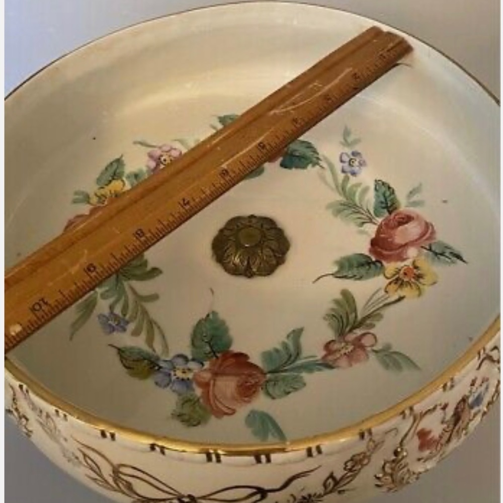 Vintage Floral Porcelain Brass Base Bowl - Picture 2 of 7